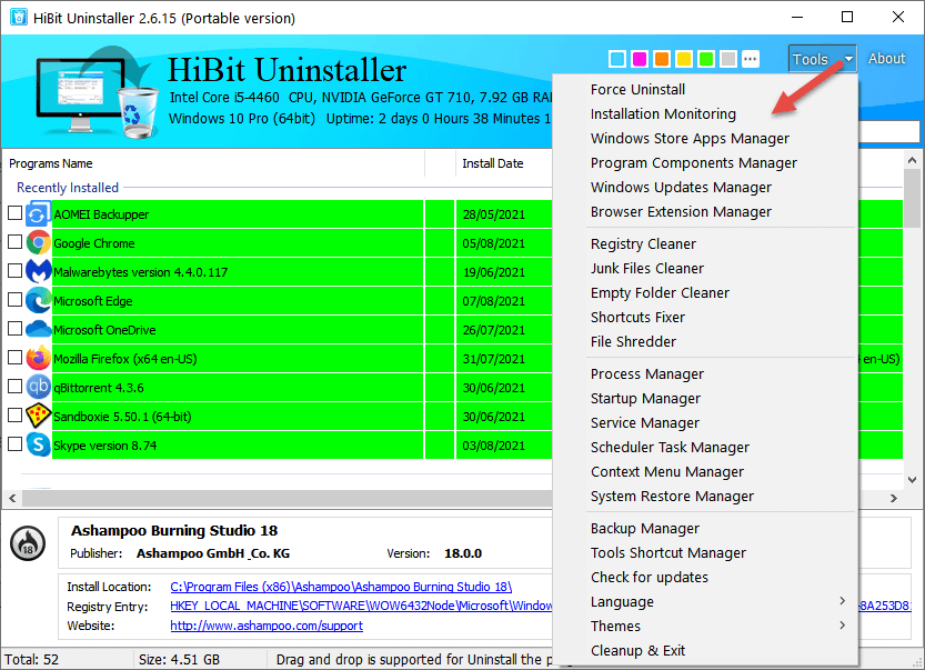 HiBit Uninstaller Tools menu with extra system utilities