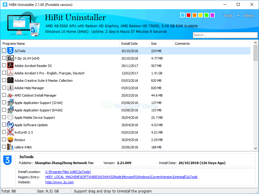 HiBit Uninstaller main window showing the installed programs list